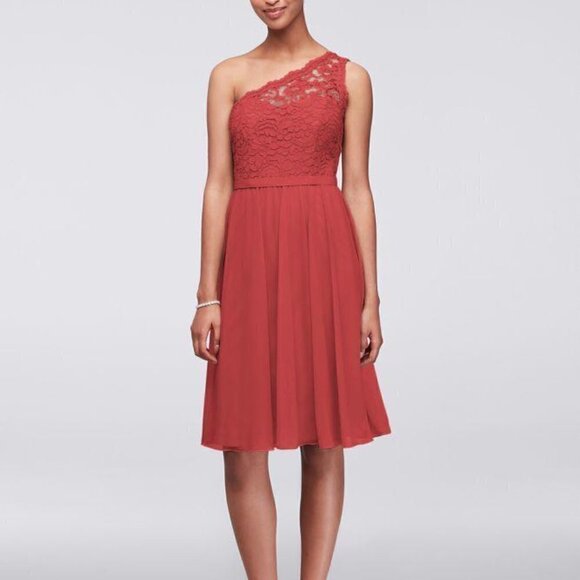 One-Shoulder Coral Lace & Mesh Dress | Bridesmaid or Cocktail Dress | Size 14 - Picture 1 of 9